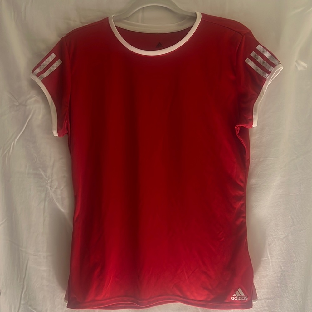 Adidas red t-shirt with white stripes